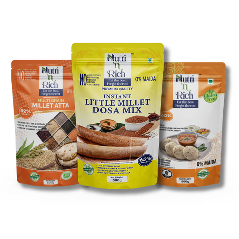 Combo Pack | Multi Grain Millet Atta + Instant Millet Idli Mix + Instant Little Millet Dosa Mix + Each 500Gms