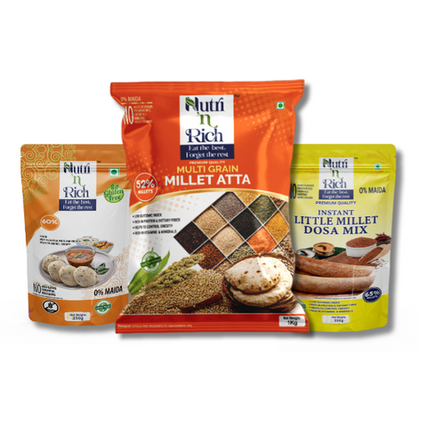 Combo Pack of 3 | Multi Grain millet Atta 1kg + Instant Millet Idli Mix 250Gms + Instant Little Millet Dosa Mix 250Gms