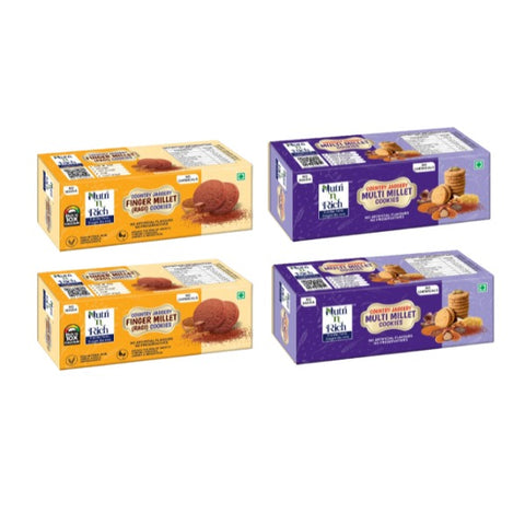 Country Jaggery Multi Millet & Finger Millet(Ragi) Cookies Combo Pack Of 4 - 2x100Gm Multi Millet & 2x100Gm Ragi Cookies