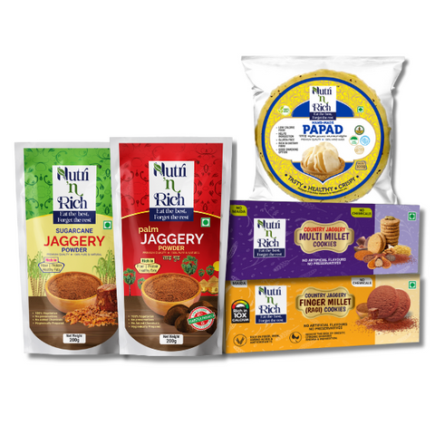Combo Pack | Palm Jaggery Powder 200Gms + Sugarcane Jaggery Powder 200Gms + Hand Made Papad 100Gms + Country Jaggery Finger Multi Millet Cookies 100Gms + Country Jaggery Multi Millet Cookies 100Gms